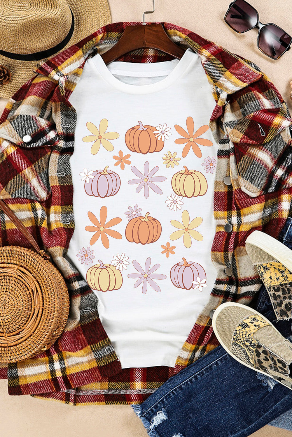 Pumpkin & Flower Round Neck Short Sleeve T-Shirt - Aaria Tees Aaria Tees