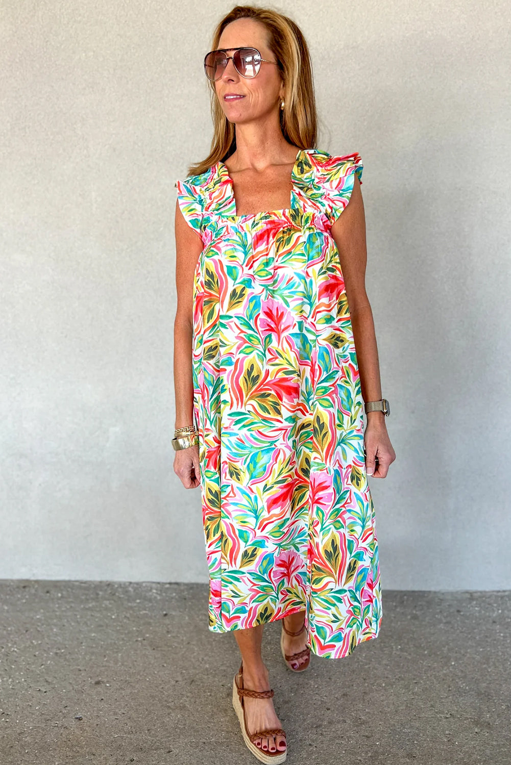 White Floral Print Ruffled Sleeveless Midi Dress Aaria Tees