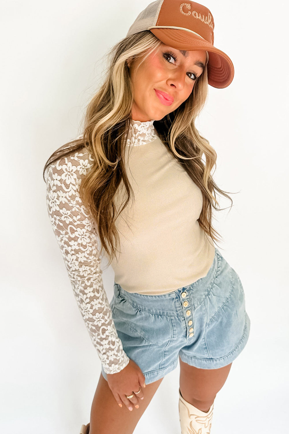 Beige Floral Lace Patchwork Long Sleeve High Neck Slim Top Aaria Tees