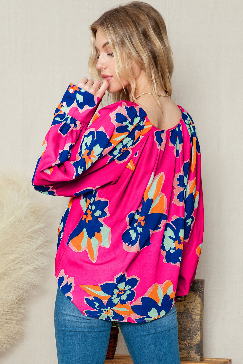 Rose Floral Pattern V Neck Balloon Sleeve Plus Size Blouse Aaria Tees Aaria Tees