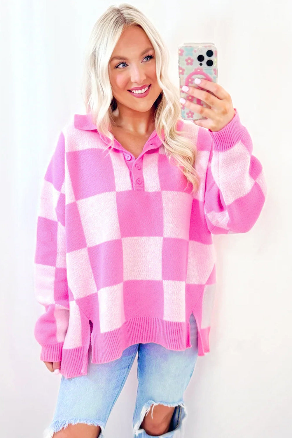 Pink Checkered Button Collared Sweater
