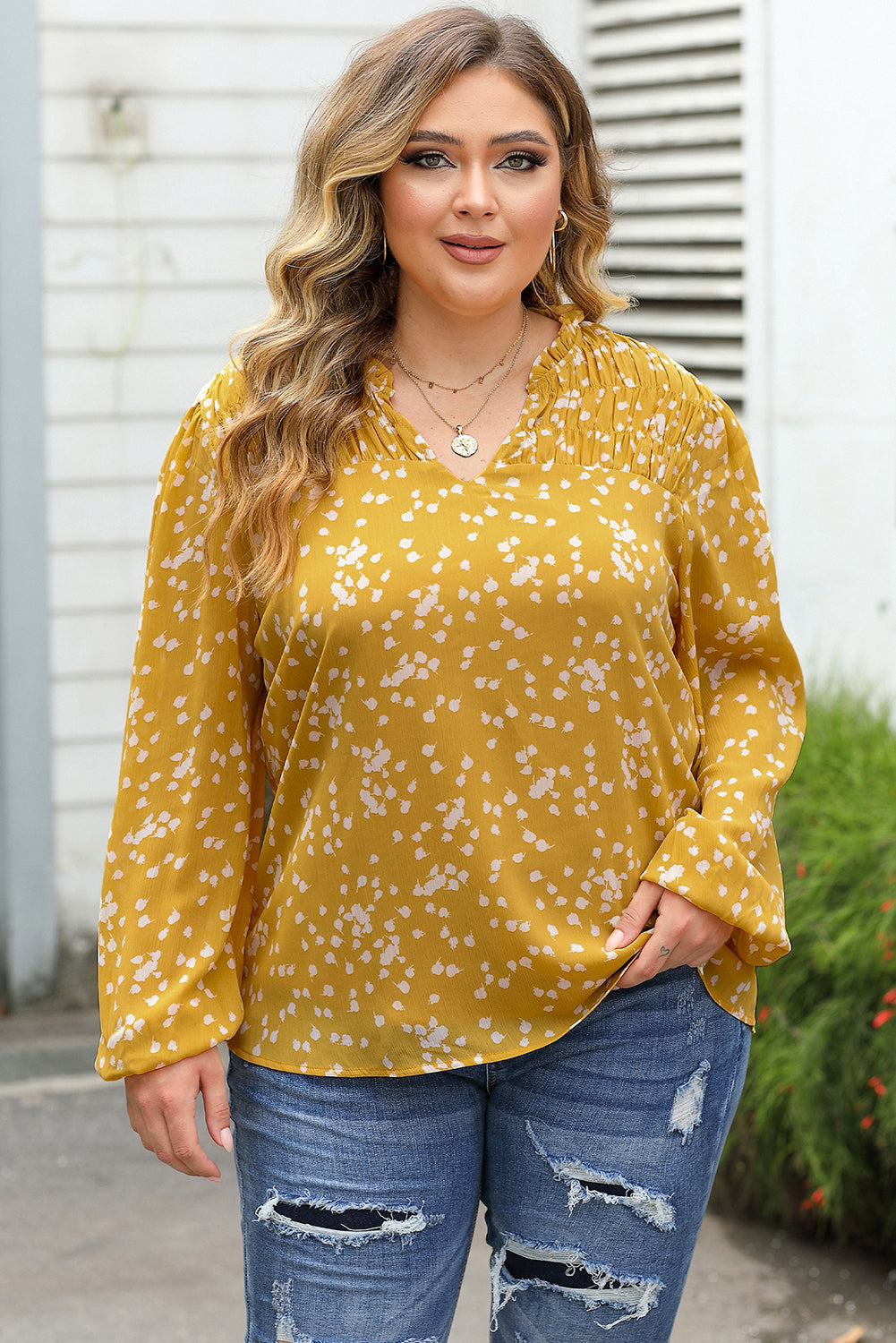 Black Plus Size Floral Print Ruched Split Neck Blouse Aaria Tees