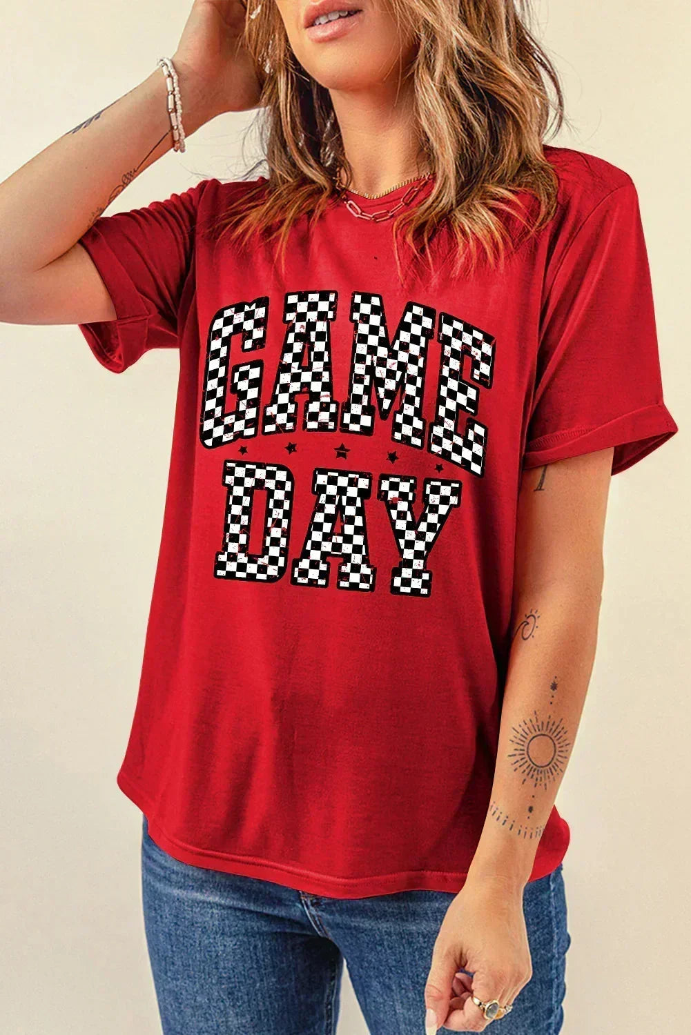 Red Checkered Game Day Graphic Round T Shirt