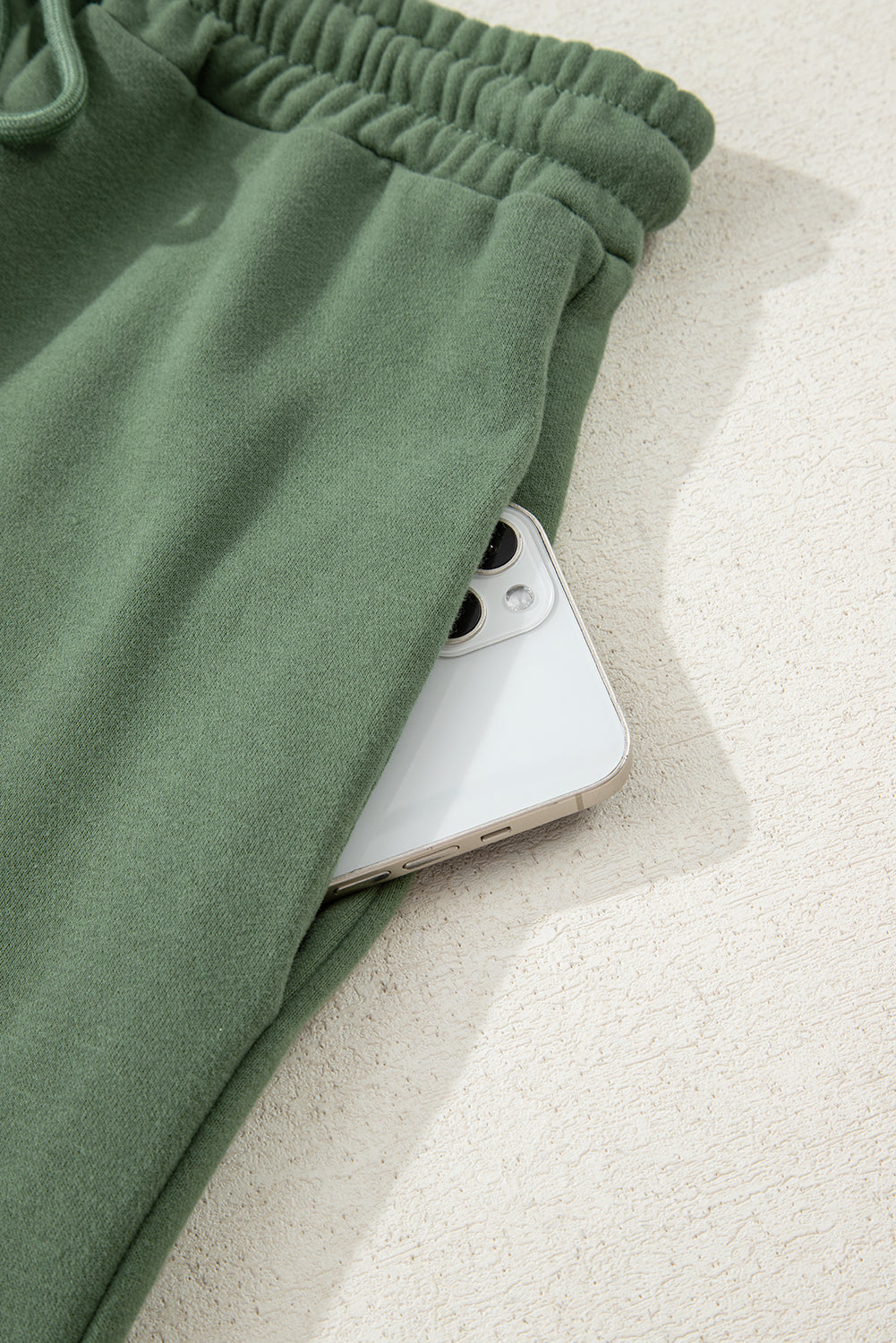 Mist Green Button Drawstring Hooded Pullover and Casual Short Set