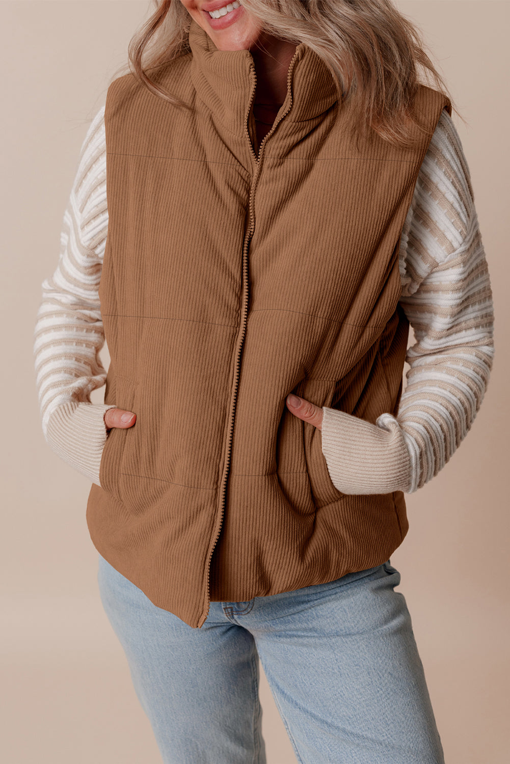 Natalia Corduroy Zipped Puffer Vest - Aaria Tees