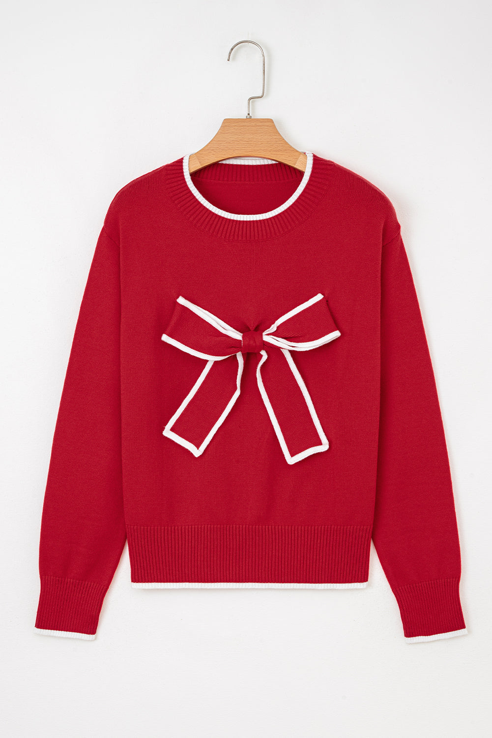 Bow Contrast Trim Long Sleeve Cropped Christmas Sweater