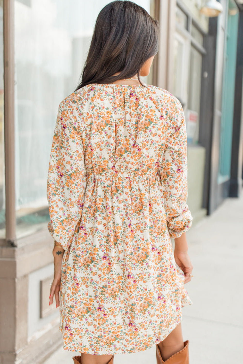 Yellow Boho Floral V Neck Ruffled Empire Waist Long Sleeve Mini Dress Aaria Tees