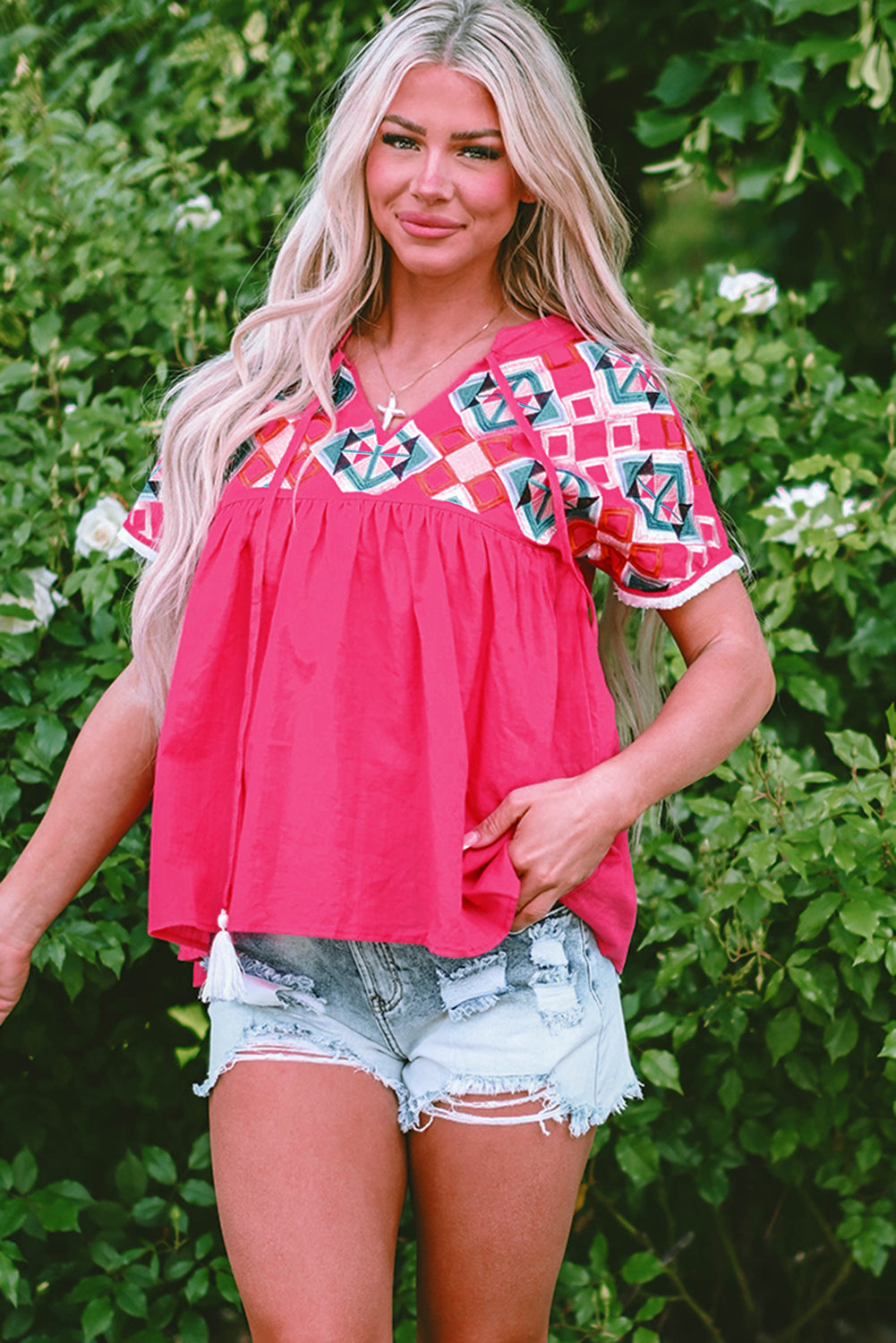 Zayla Embroidered Tassel Tie V Neck Blouse - Aaria Tees