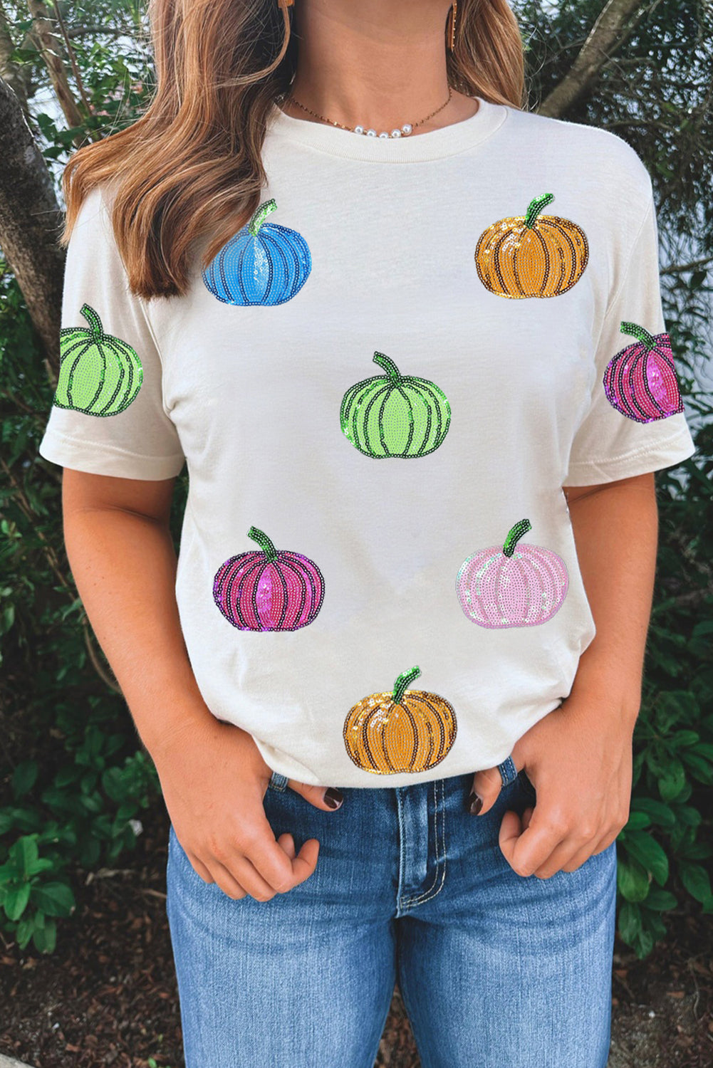 White Sequin Pumpkin Patched Cotton Blend T Shirt