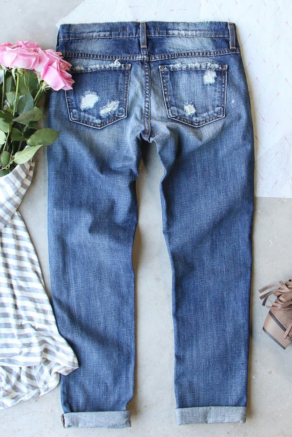 Sky Blue Sequin Rugby Football Patchwork Distressed Straight Leg Jeans Aaria Tees