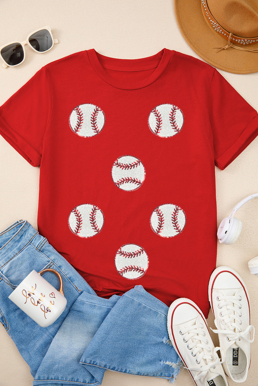 Red Glittering Rugby Pattern Crew Neck Game Day T Shirt