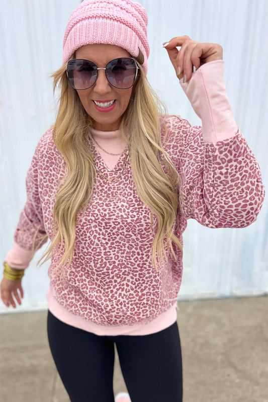 Pink Leopard Print Patchwork Crew Neck Sweatshirt