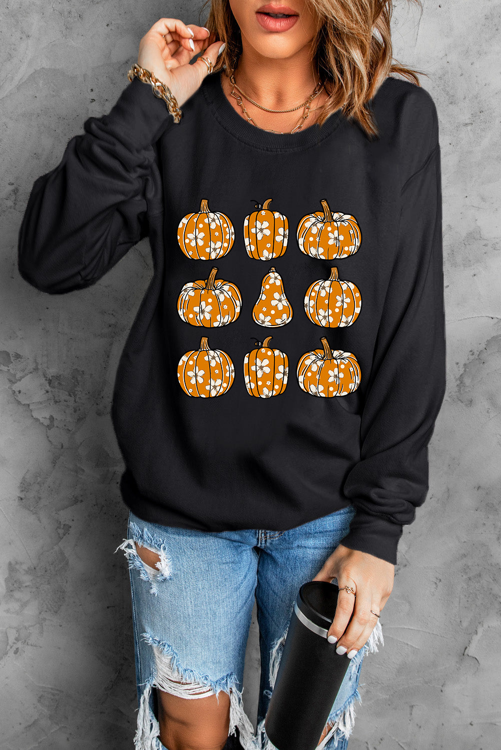 Pumpkin Round Neck Long Sleeve Sweatshirt - Aaria Tees Aaria Tees