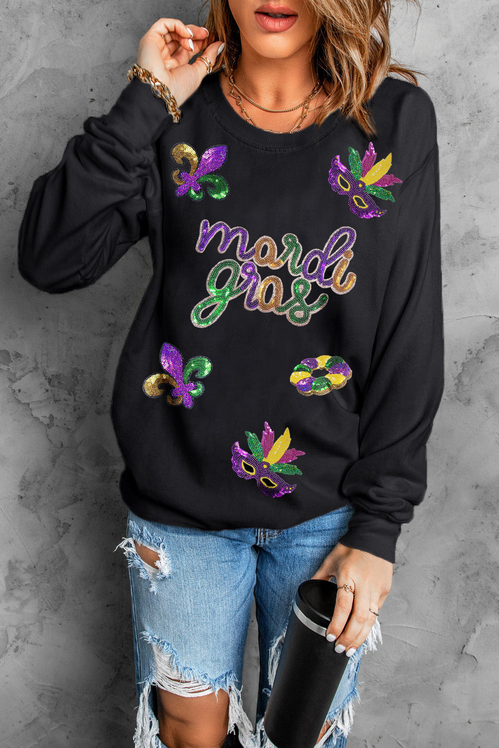 Black Sequin mardi gras Fleur de Lis Graphic Pullover Sweatshirt - Aaria Tees