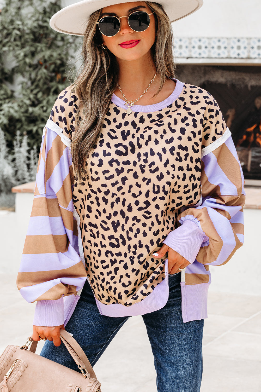Leopard Stripe Colorblock Patchwork Sweatshirt