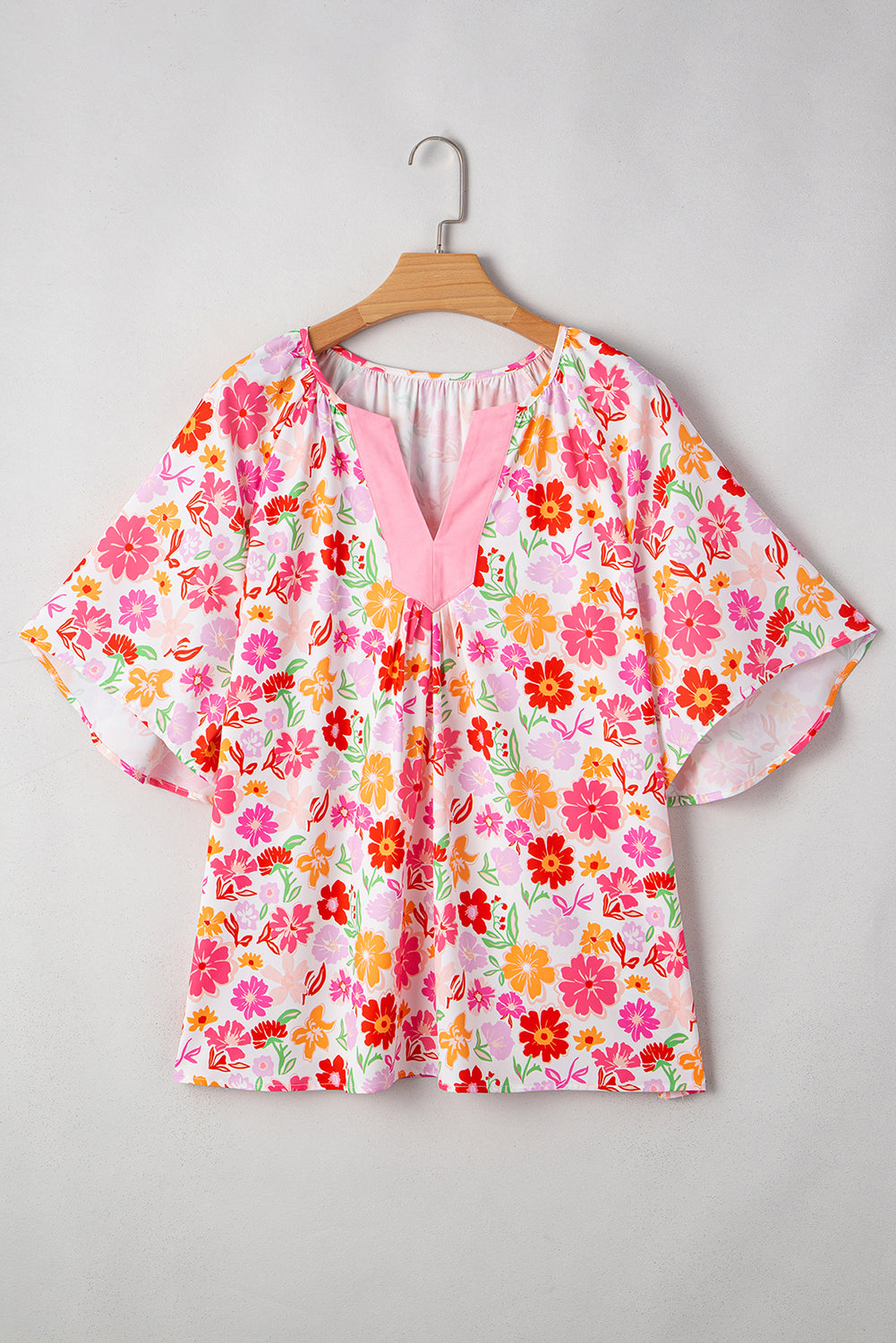 White Floral Split V Neck Wide Short Sleeve Plus Size Blouse Top