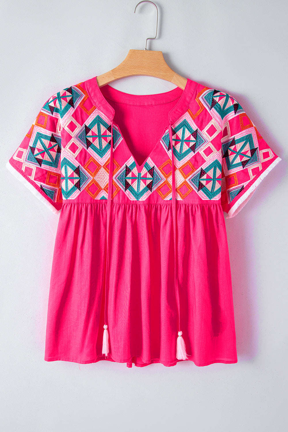 Zayla Embroidered Tassel Tie V Neck Blouse - Aaria Tees