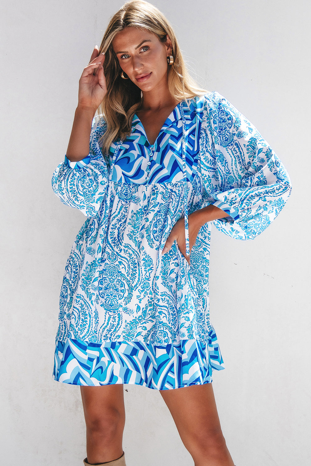 Orange Bohemian Print Puff Sleeve Tied V Neck Flared Mini Dress Aaria Tees Aaria Tees