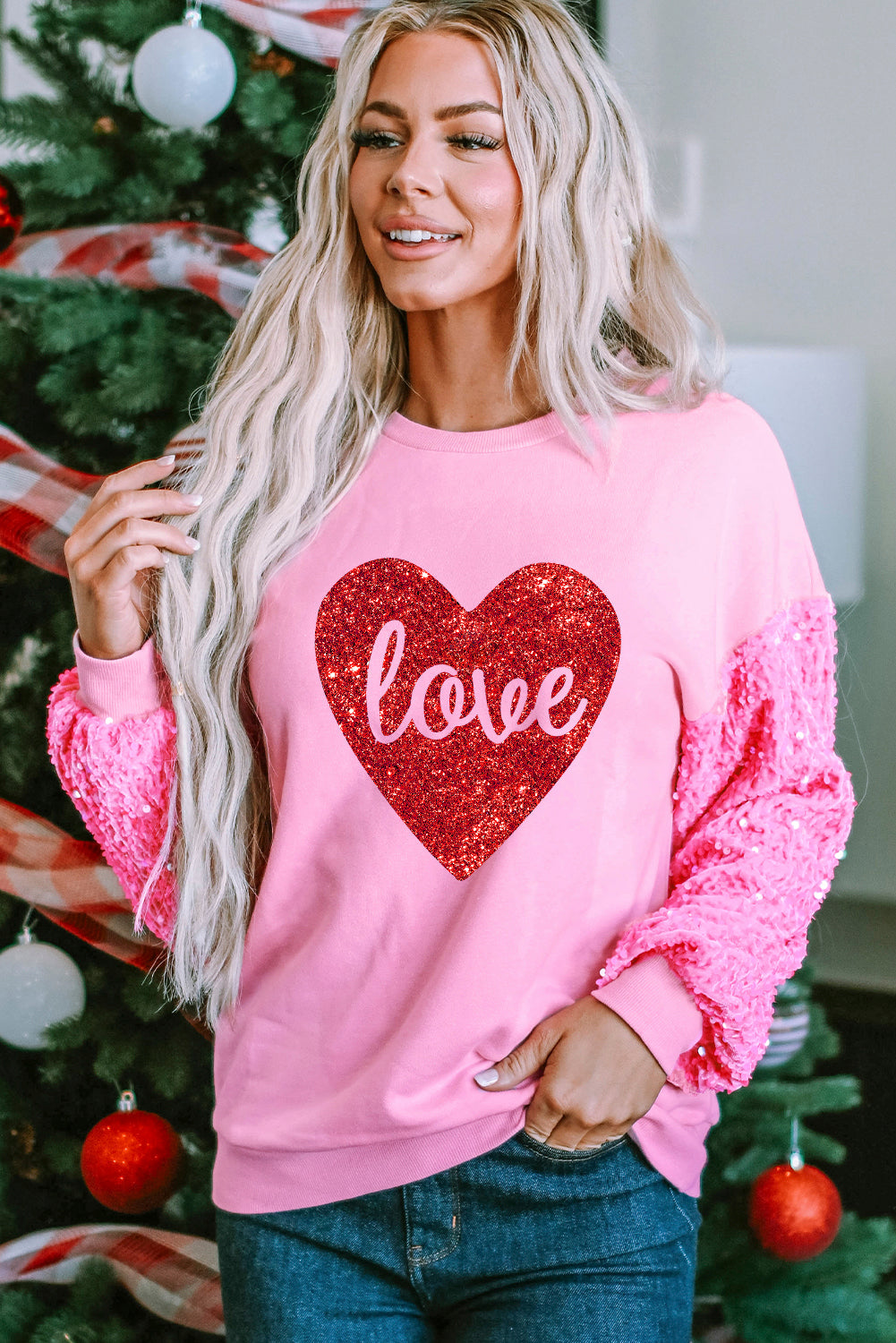 Pink Shiny Heart Shape love Print Sequined Sleeve Sweatshirt - Aaria Tees Aaria Tees