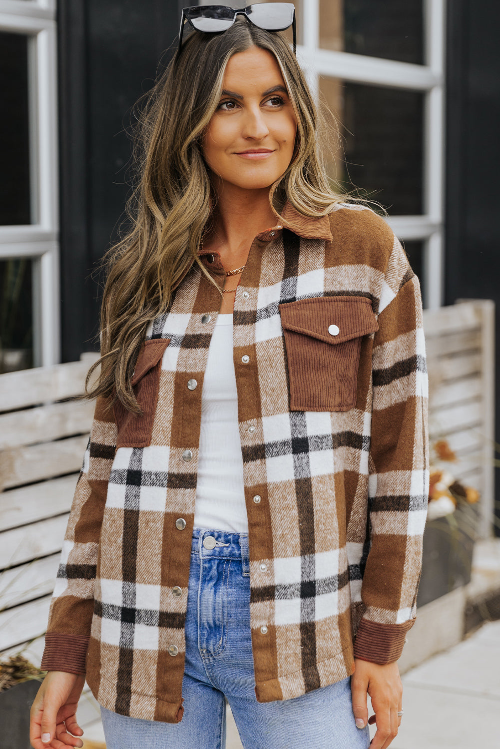 Phoebe Pocketed Buttoned Plaid Shirt Jacket Threaded Pear Aaria Tees