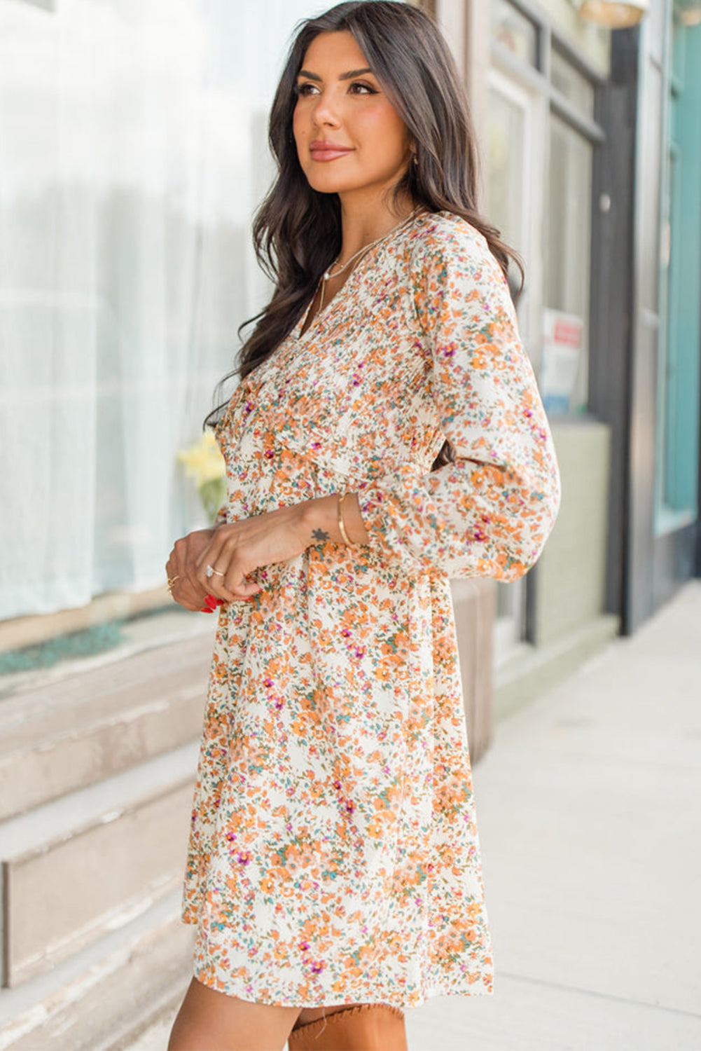 Yellow Boho Floral V Neck Ruffled Empire Waist Long Sleeve Mini Dress Aaria Tees