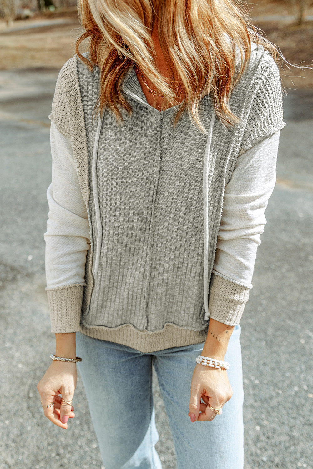 Skylar Long Sleeve Textured Knit Patchwork Hoodie - Aaria Tees