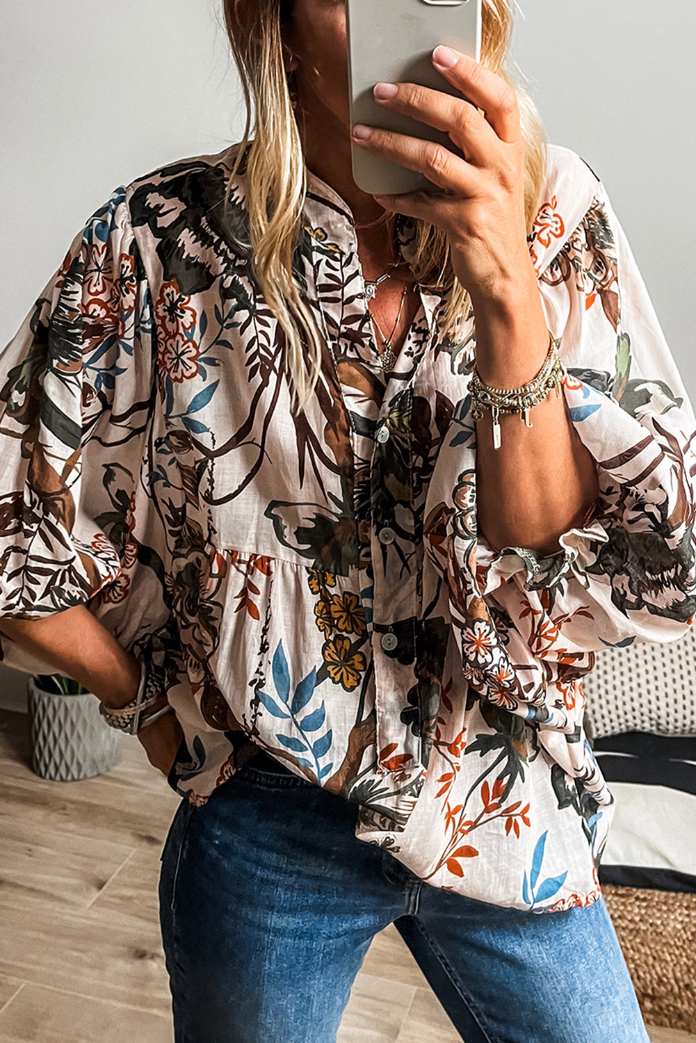 White Floral Print Balloon Sleeves Button Up Loose Casual Shirt Aaria Tees