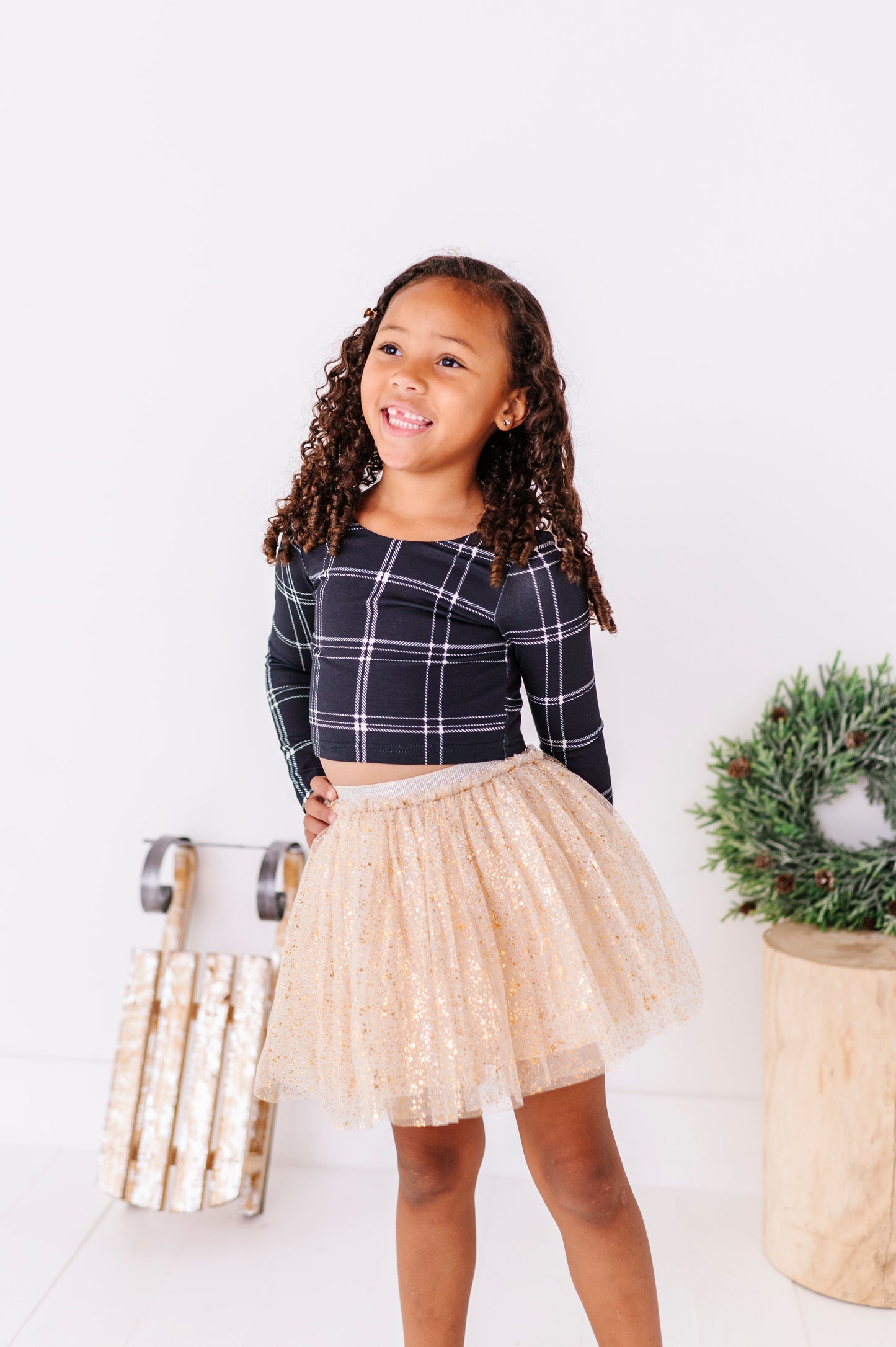 Black Plaid | CROPPED Bow Back Long Sleeve Top