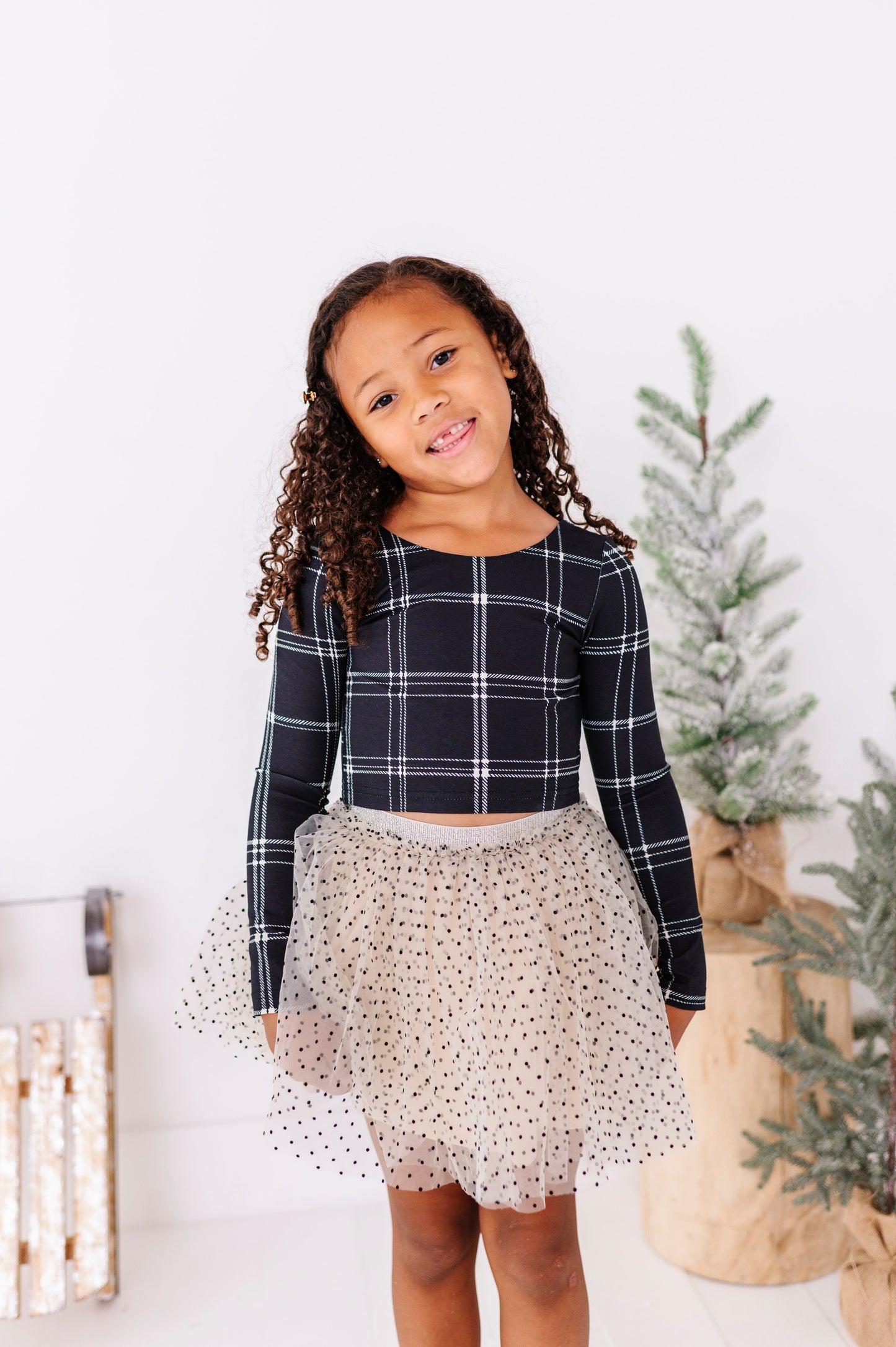 Black Plaid | CROPPED Bow Back Long Sleeve Top