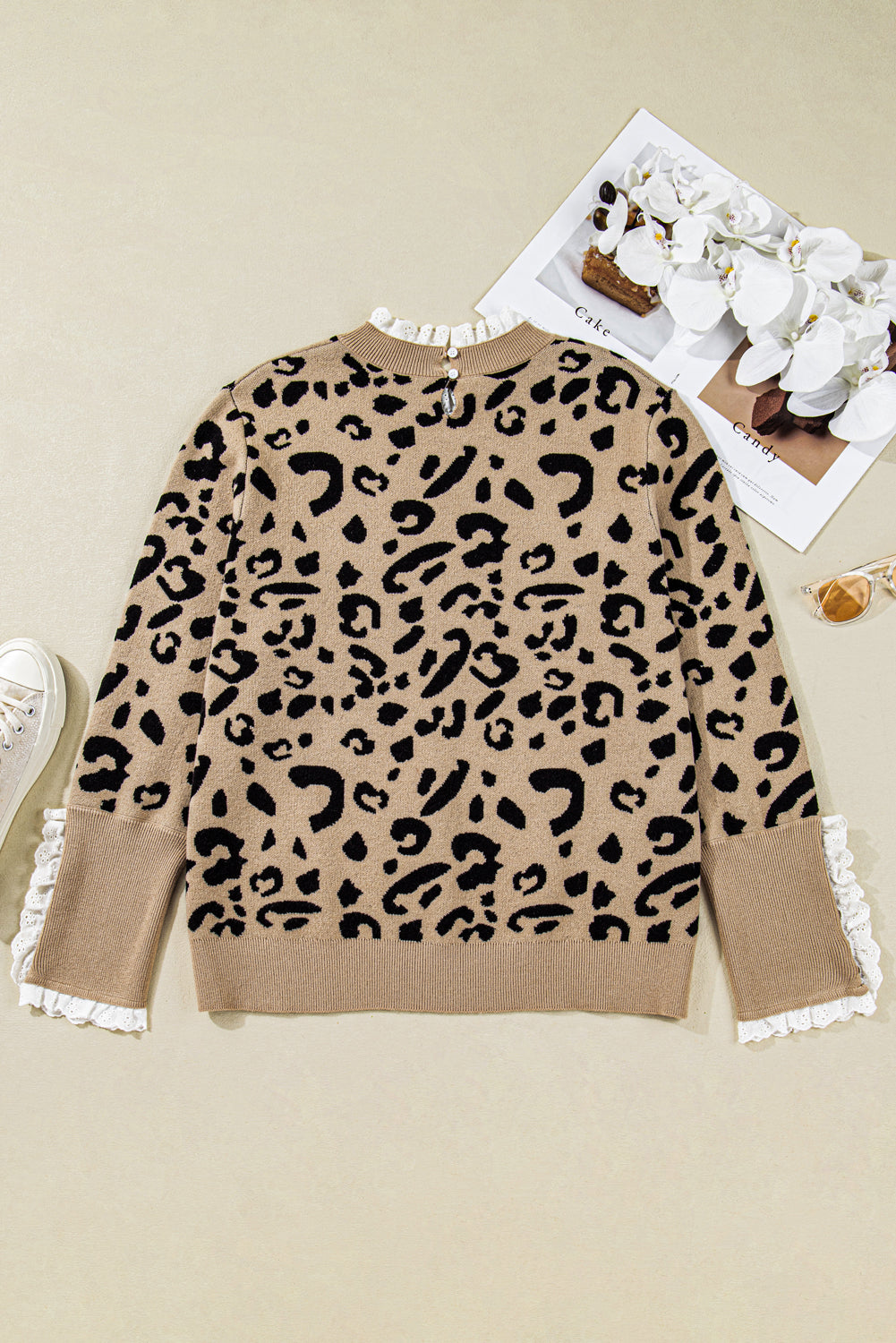 Plus Size Leopard Knit Lacy Trim Long Sleeve Sweater