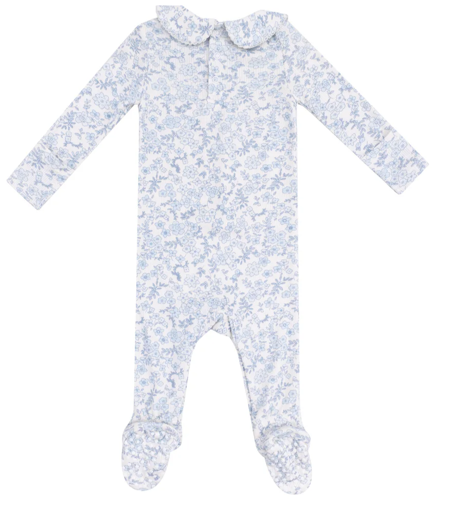 Blue Calico Floral Smocked Peter Pan Footie Sleeper