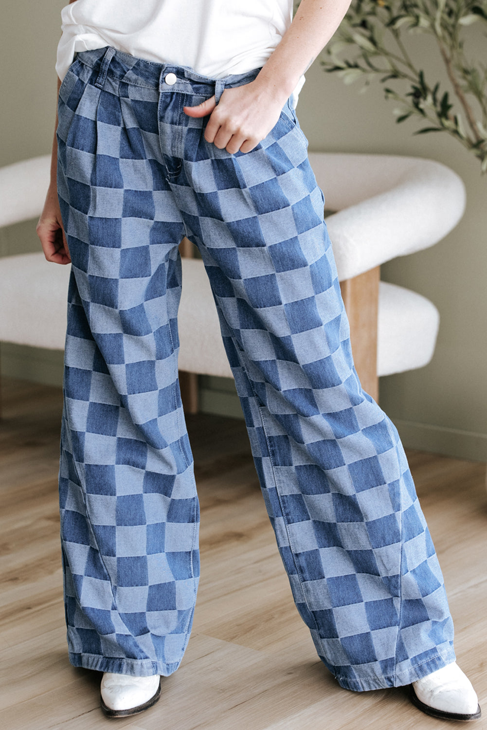 Dusk Blue Checkered Denim Wide Leg Jeans - Aaria Tees