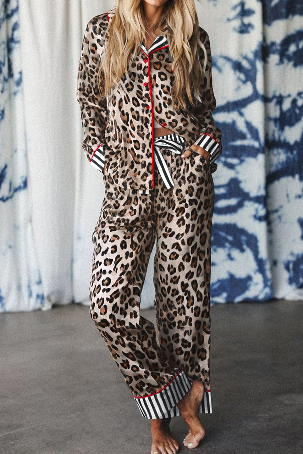 Leopard Colorblock Stripe Edge Shirt and Pants Pajama Set