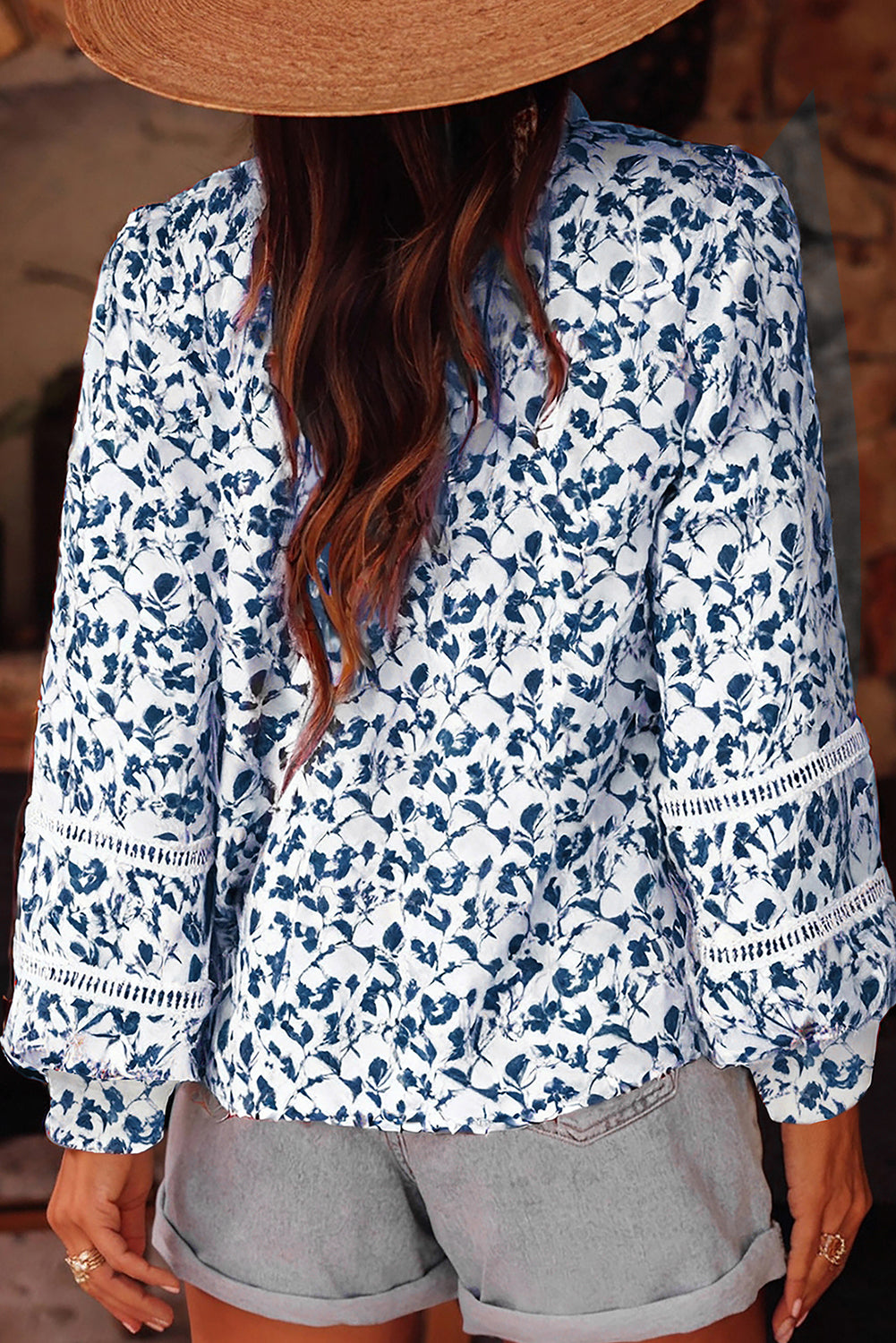 Yellow Printed Lace Detail Floral Puff Sleeve Fall Shirt