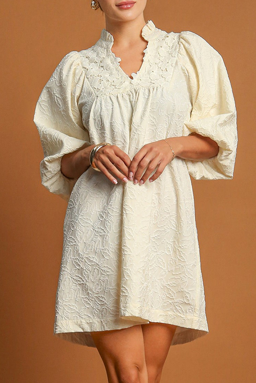 White Floral Textured Bubble Sleeve Frilled Notched Neck Dress Aaria Tees