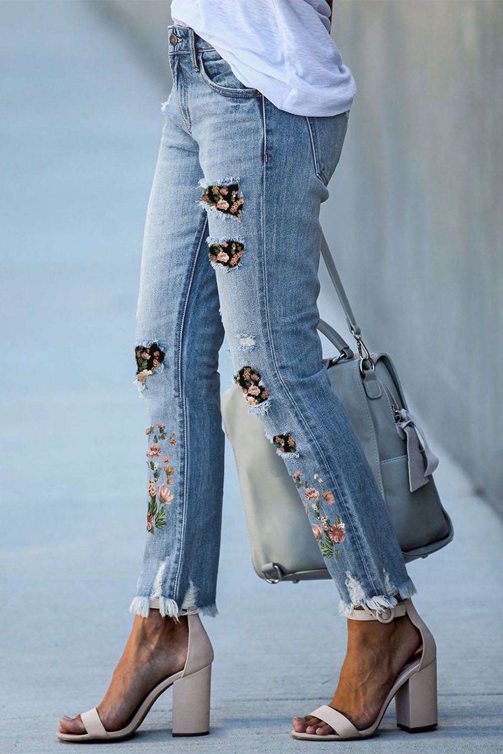 Sky Blue Printed Patch Ripped Skinny Jeans - Aaria Tees Aaria Tees