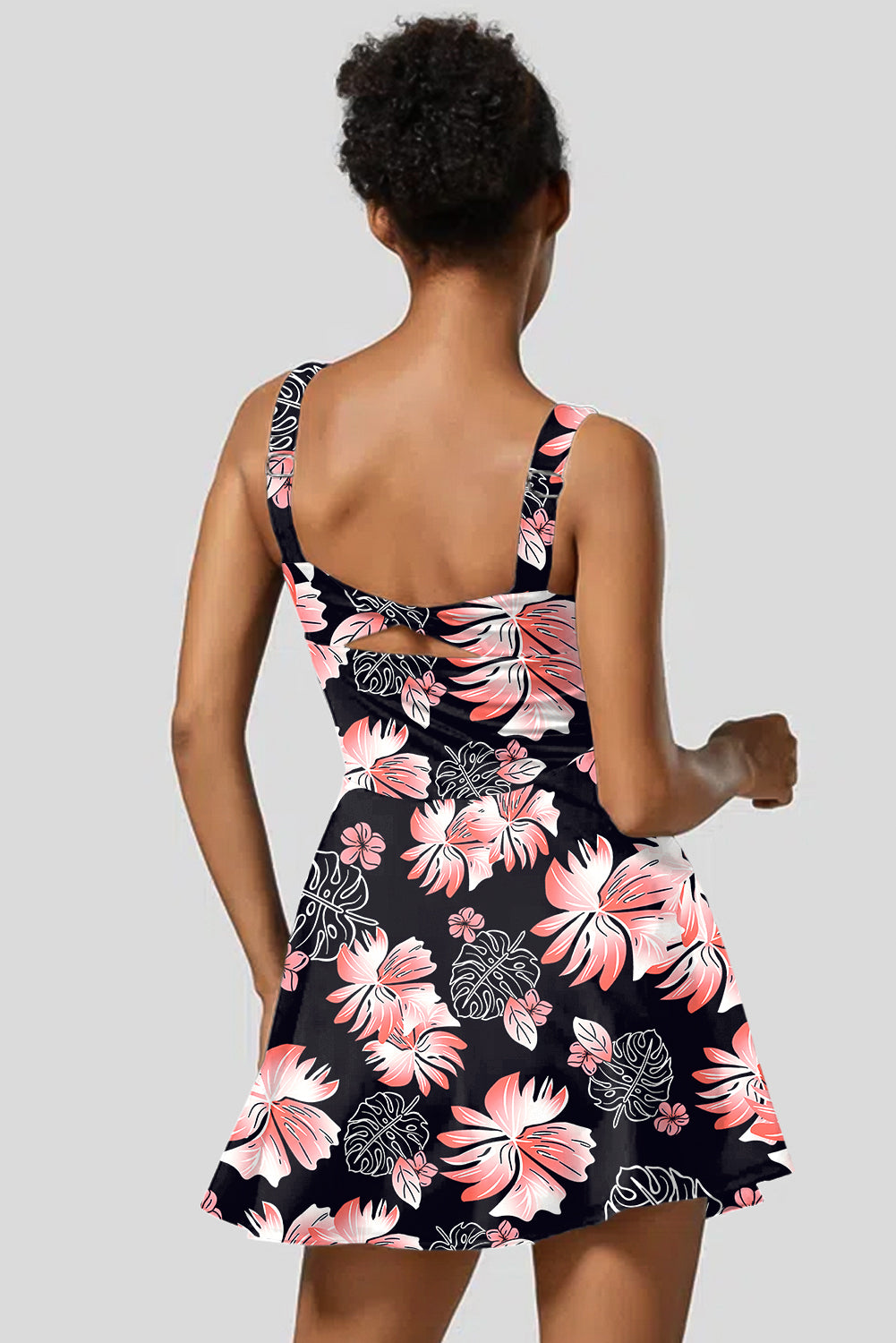 Black Floral Print Twisted Hollowed Back Swim Dress
