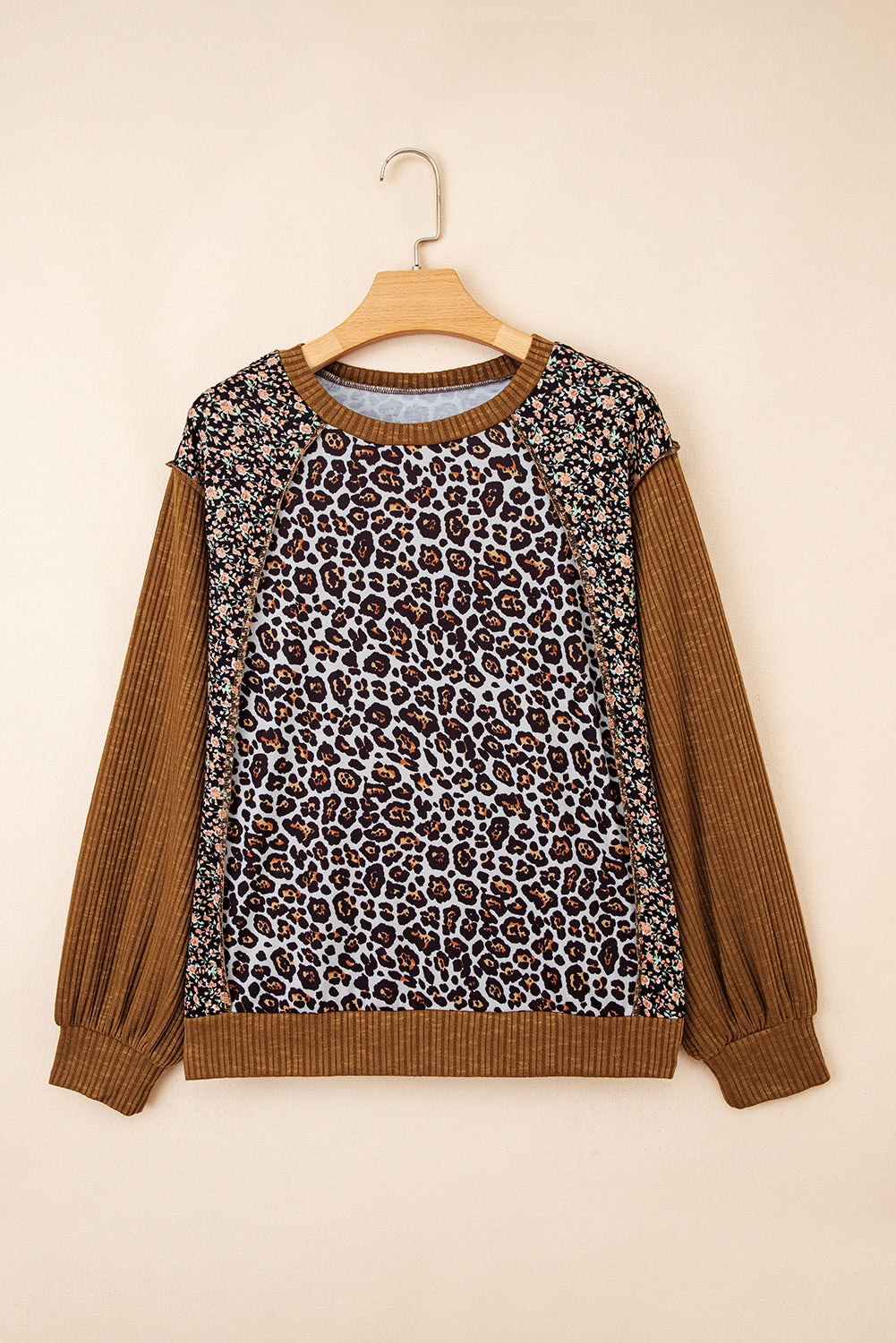 Leopard Floral Patchwork Ribbed Puff Sleeve Top