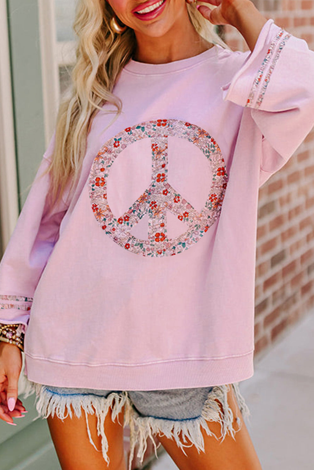Light Pink Floral Peace Sign Graphic Drop Shoulder Wide Sleeve Casual Top - Aaria Tees Aaria Tees