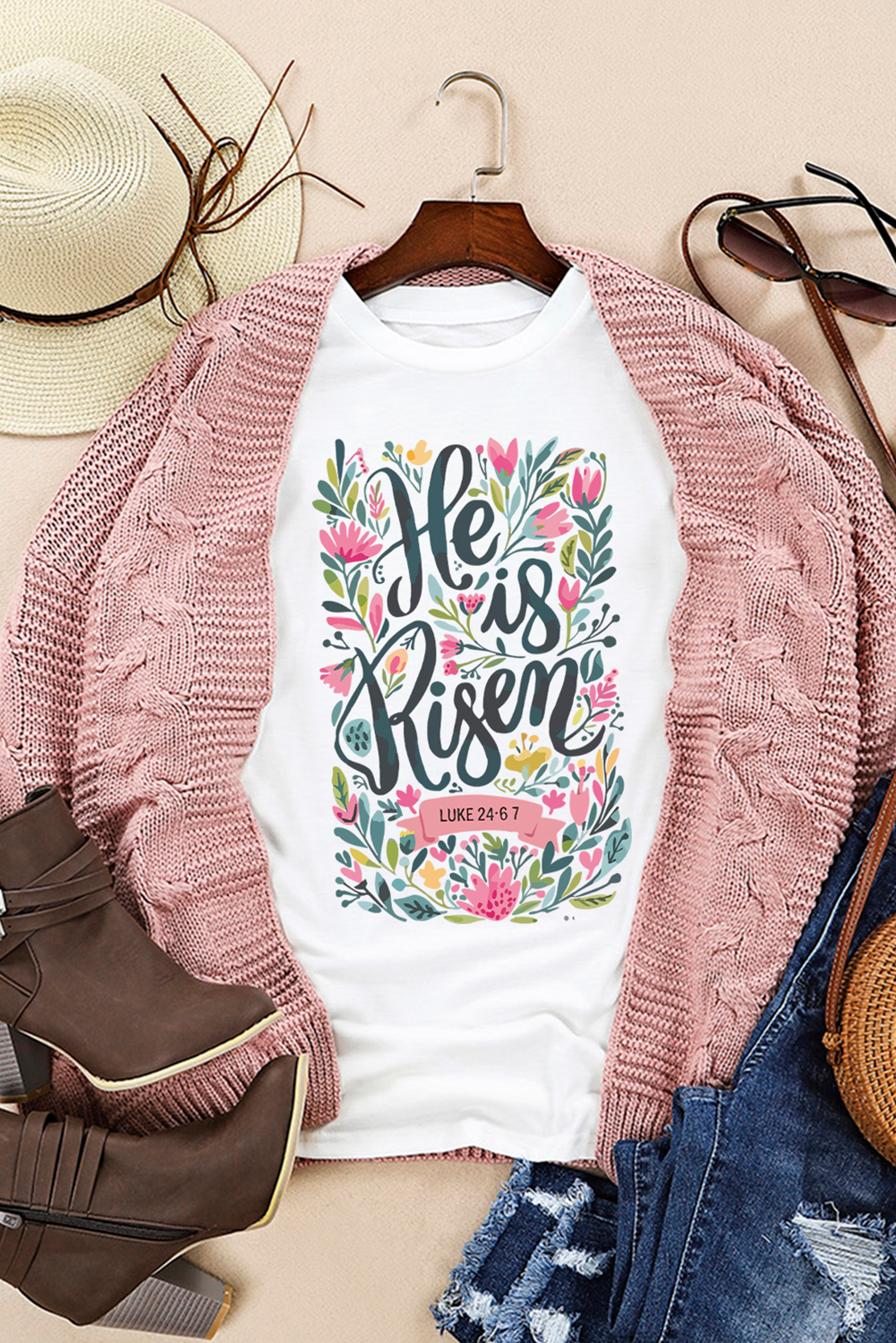White He is Risen Floral Printed T Shirt - Aaria Tees