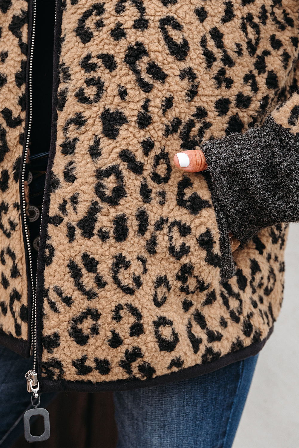 Leopard Zip-Up Stand Neck Side Pocket Jacket
