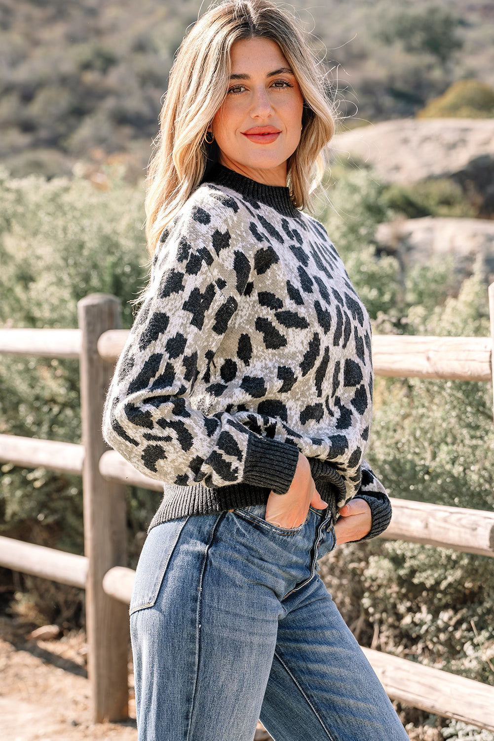 Leopard Contrast Trim Drop Shoulder Sweater