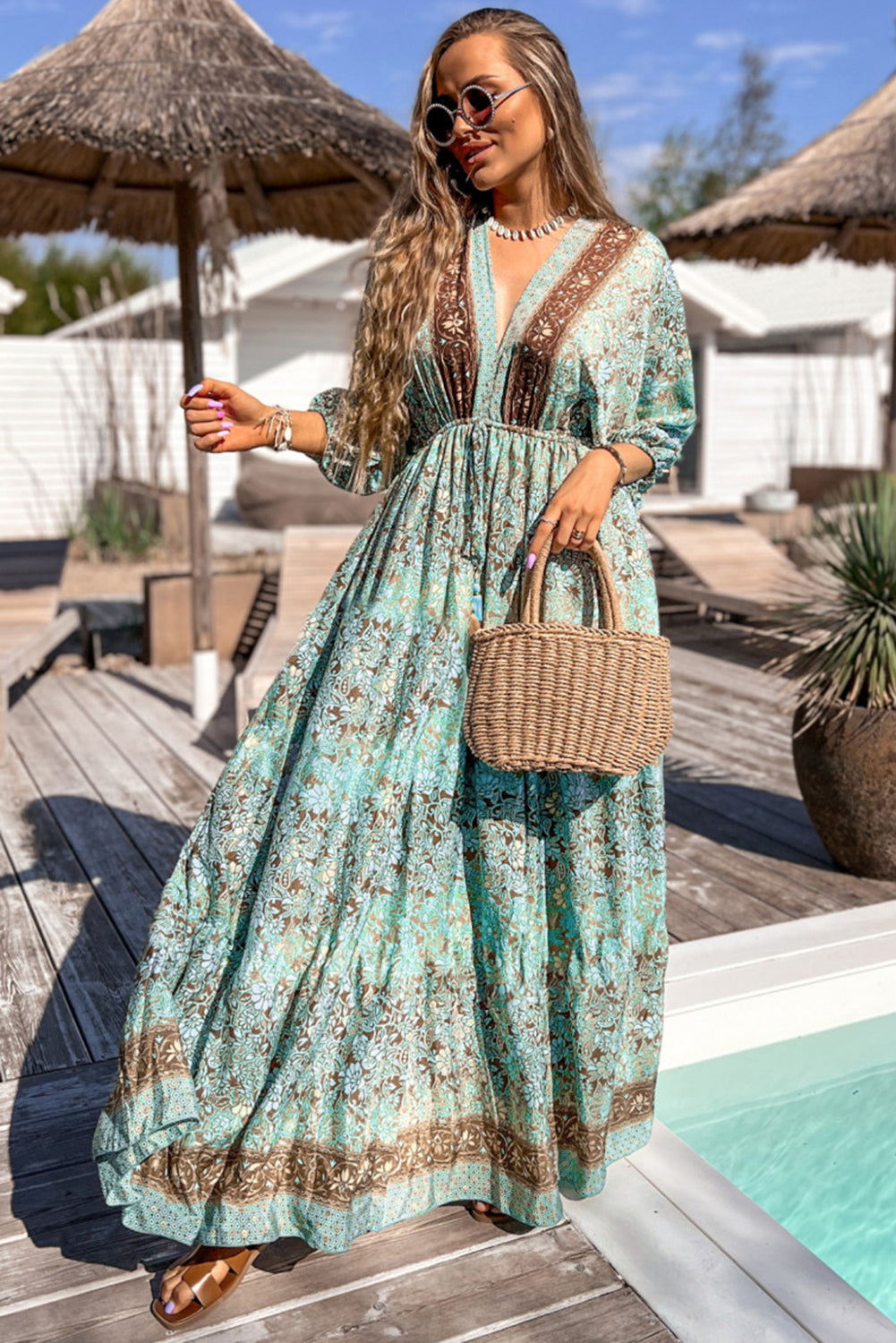 Green Boho Floral Print Lace-up Open Back High Waist Maxi Dress Aaria Tees Aaria Tees