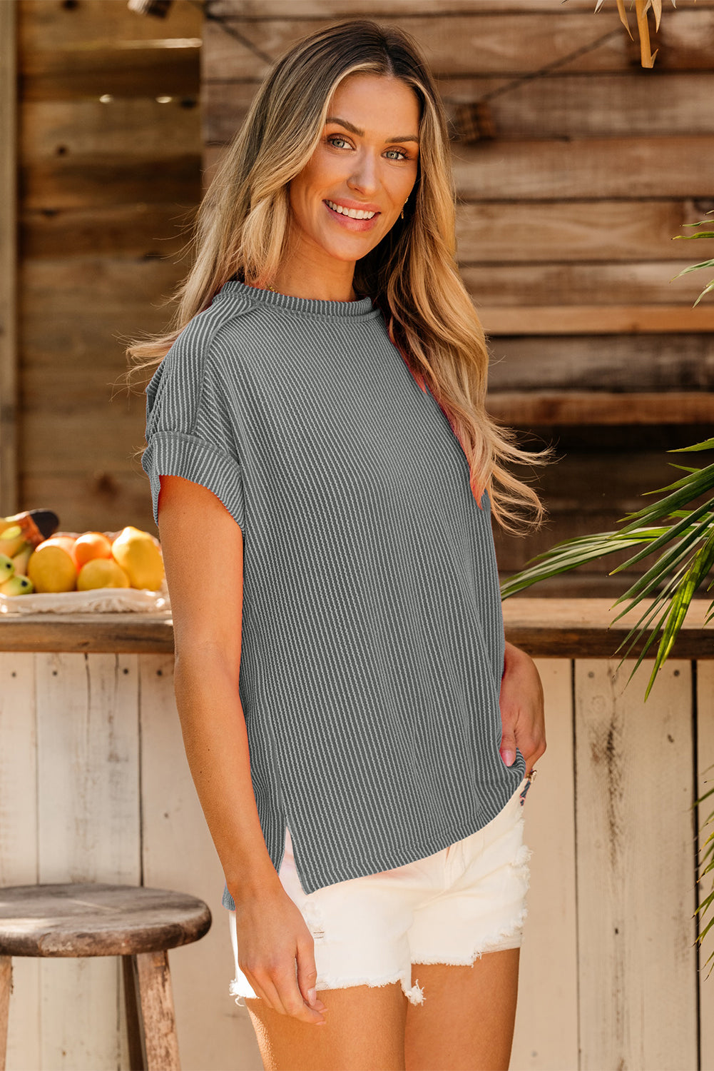 White Textured Knit Exposed Stitching T-shirt