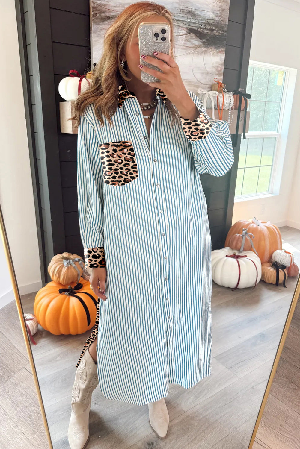Sky Blue Stripe Contrast Leopard Patchwork Long Shirt Dress with Slits