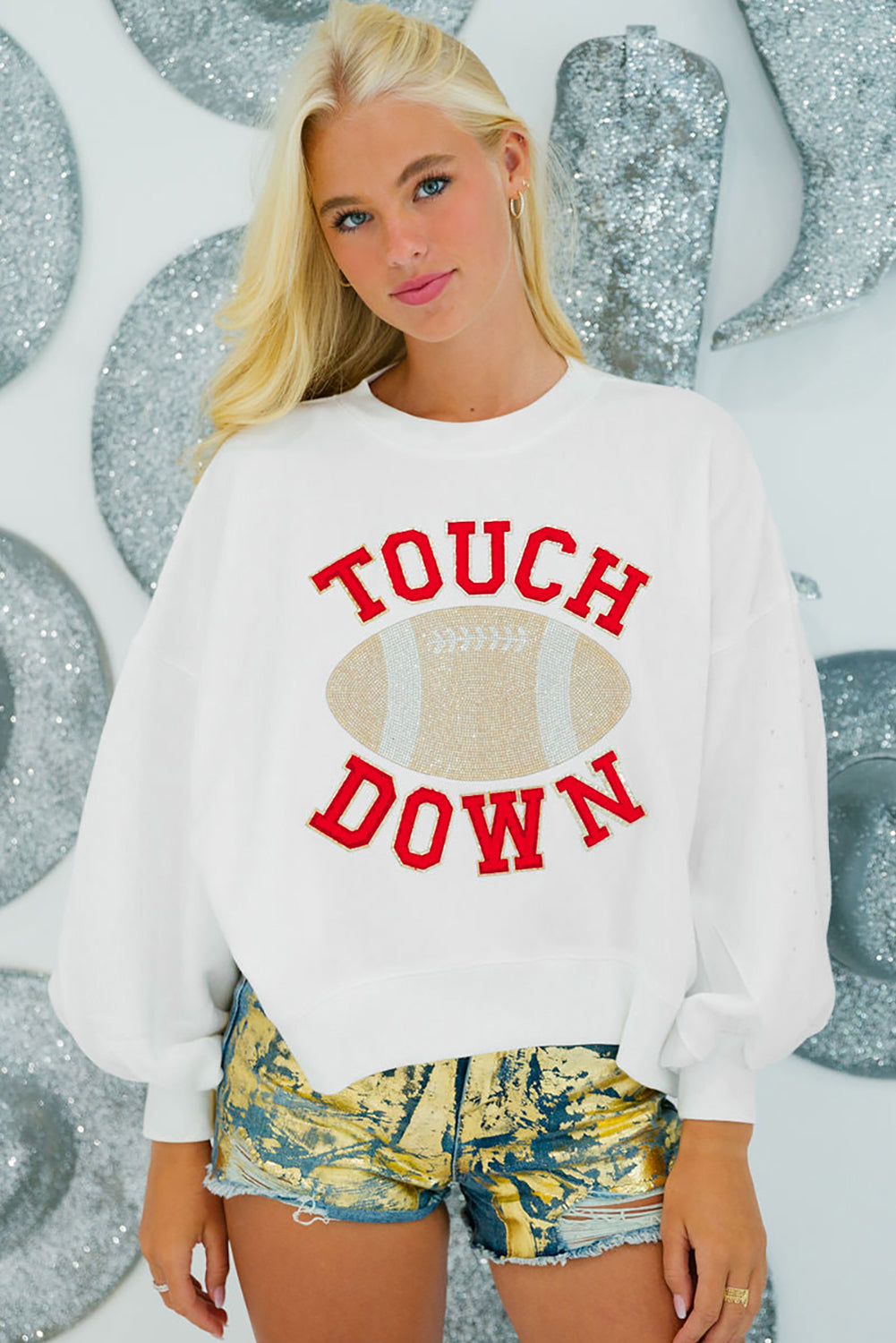 White TOUCH DOWN Football Graphic Pullover Sweatshirt - Aaria Tees