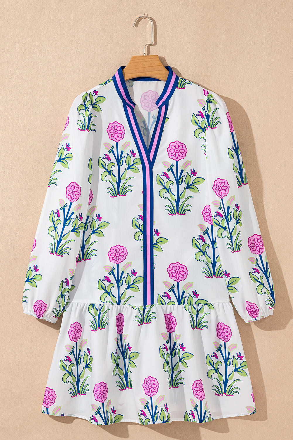White Floral Print Contrast Striped Trim Notched Neck Long Sleeve Dress