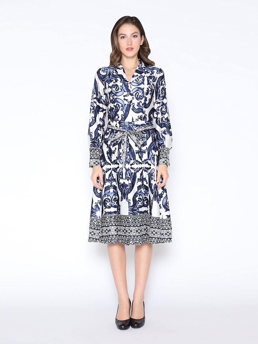 Floral Long Sleeve Lapel Collar Tie Belt Dress - Gracia D36953 - Aaria Tees
