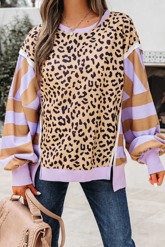 Leopard Stripe Colorblock Patchwork Sweatshirt