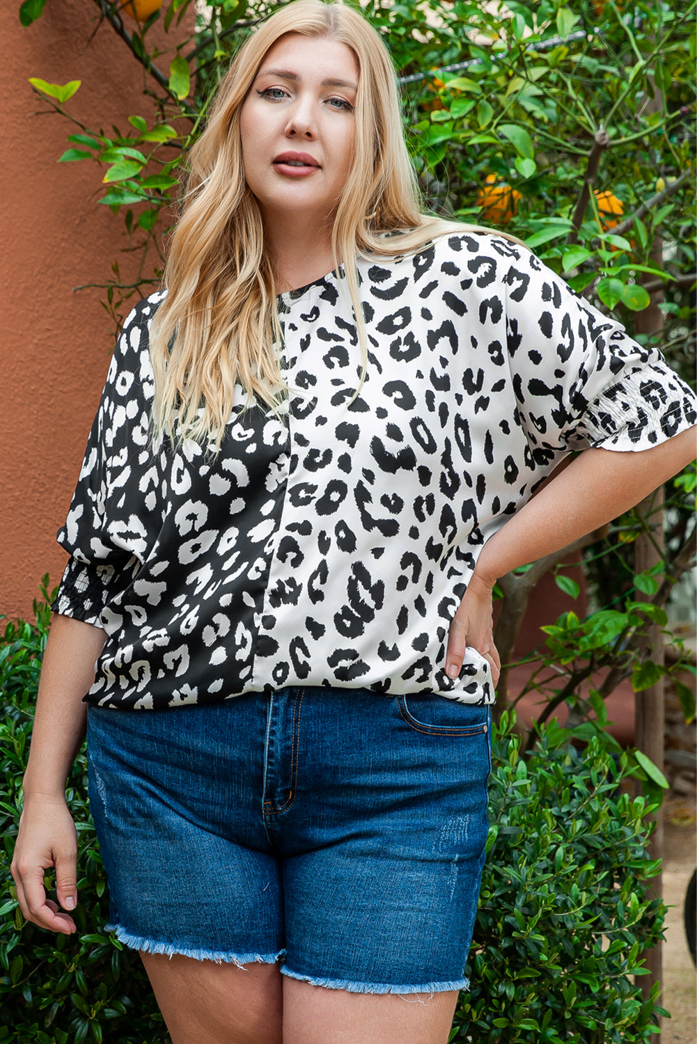 Black Plus Size Contrast Leopard Half Sleeve Blouse Aaria Tees